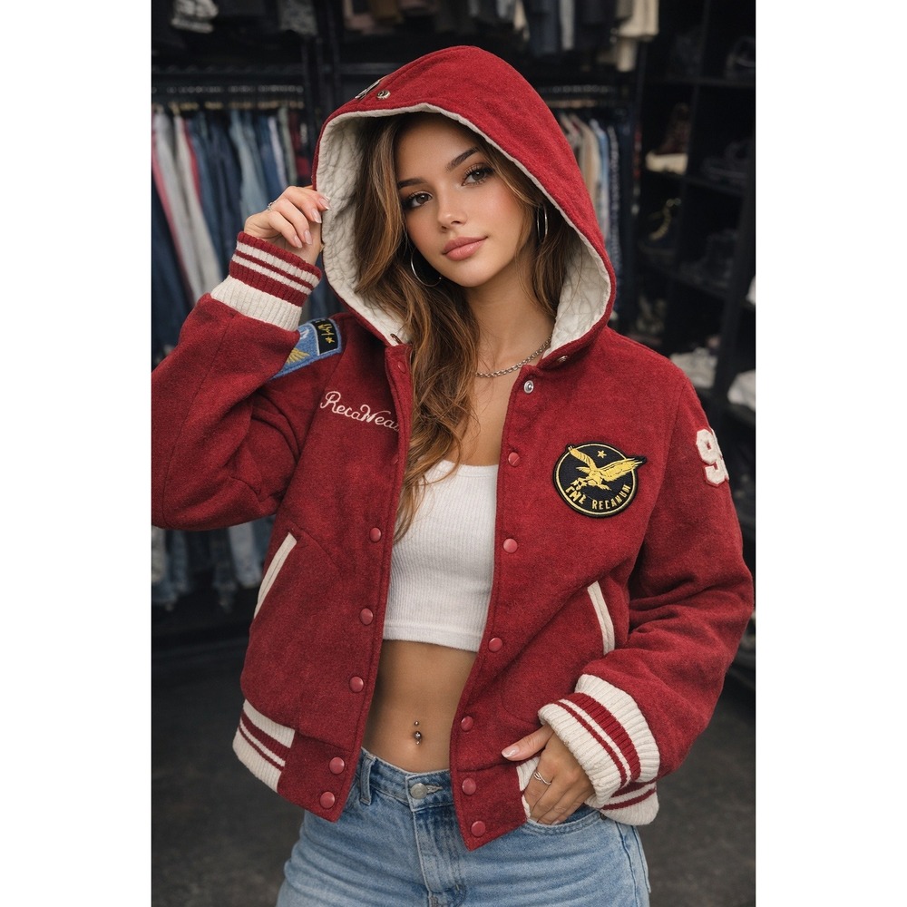 Rocawear Womens Wool Blend Hooded Varsity Jacket Burgundy Red Patch Bomber S